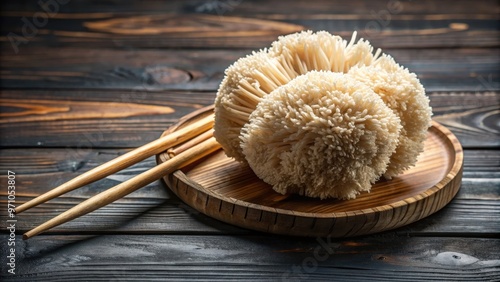 Lions mane mushroom with Chinese chopsticks, Hericium erinaceus, Chinese cuisine, healthy eating, gourmet, vegetarian, exotic