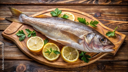 Freshly caught haddock fish with flaky white skin and distinctive dark lateral lines, served on a rustic wooden platter, garnished with lemon and parsley.