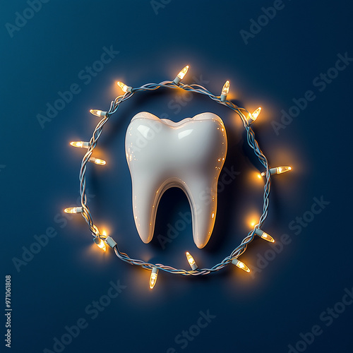 Close Up of a Shiny White Tooth Surrounded by a Glowing Christmas Garland, Dental Themed Holiday Image