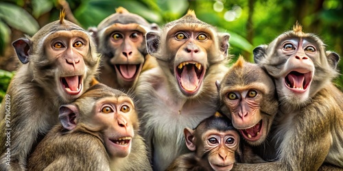 Group of playful monkeys gather together, their joyful faces contorted in laughter, showcasing their cheerful bond and carefree nature in a lush jungle environment.