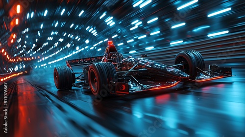 A futuristic racecar speeding through a digital tunnel, leaving behind a trail of glowing blue light.