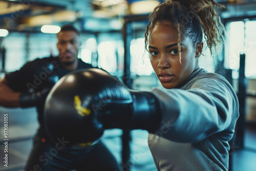 A young adult woman, dressed in modern boxing gear, is working on her uppercuts with a trainer in a well-equipped boxing club. Her fierce determination is evident in every movement.