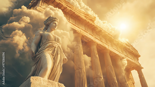 Ancient greek civilization, ancient greek temple ruins with female goddess statue with clouds and sun ray. generative ai. Ancient Greece. Illustration