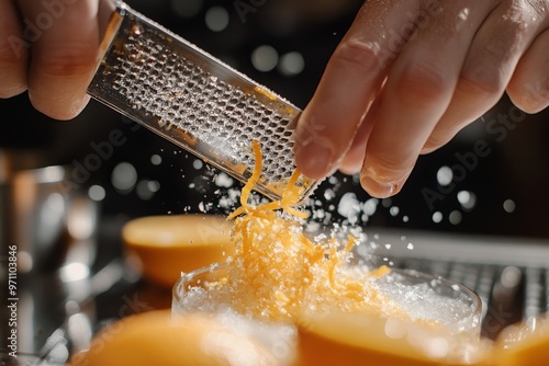 A close-up image captures hands grating citrus zest over a bowl with precision, showcasing culinary skills and the vibrant preparation of ingredients for cooking or baking.