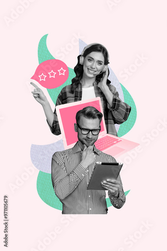 Vertical image collage young woman man remote work job computer support customer service helpline headphones listen speak 3 stars rating