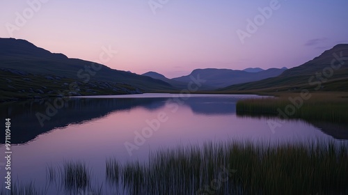 A lake with a beautiful sunset in the background. The water is calm and still, reflecting the sky and the mountains in the distance. The scene is serene and peaceful