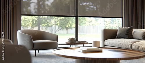 An interior with large roller blinds, automatic solar and blackout shades, wooden decor panels on the walls, and electric sunscreen curtains.