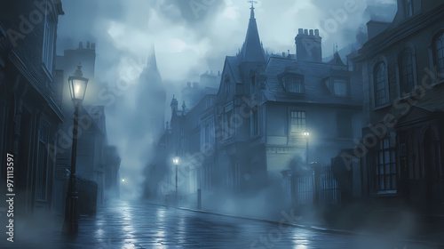 Mysterious foggy night in a victorian street. Victorian Era. Illustration