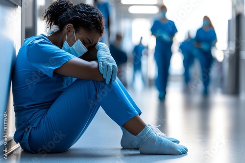 Overworked, burnt out, depressed and tired black woman nurse sits on hospital floor.