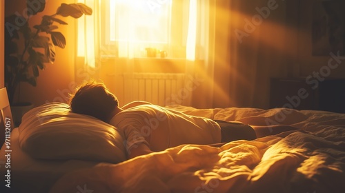 Sunny morning light streams into a cozy bedroom where a person enjoys relaxation on a bed near a window