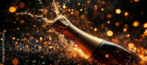 A champagne bottle explodes with bubbly effervescence, surrounded by a sparkling golden backdrop.