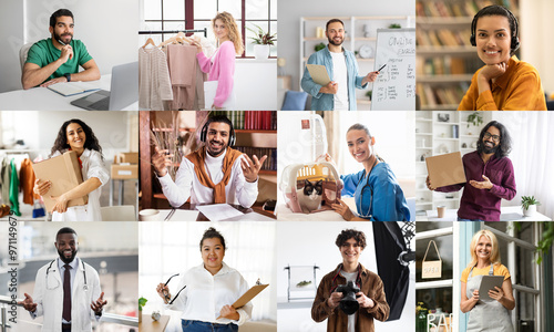 The image shows a diverse group of professionals working in their home offices. Some are sitting at desks, while others are standing. They are all engaged in their work