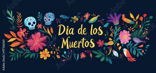 Dia de los muertos festival wallpaper pattern with sugar skull (calavera) and colorful flowers on dark, black, background. Cultural, traditional, floral wallpaper concept.