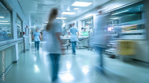 Busy hospital corridor with medical staff in motion