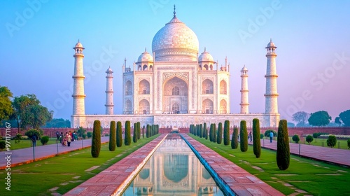 Majestic view of the Taj Mahal at sunrise shows its beauty and elegance. This architectural wonder is a symbol of love. Ideal for travel and cultural themes. AI