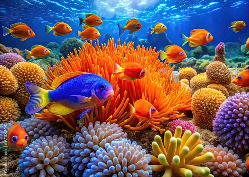 Vibrant orange and blue damselfish swim amidst coral and sea anemones in a serene, sun-drenched tropical ocean, showcasing nature's kaleidoscope of colors.