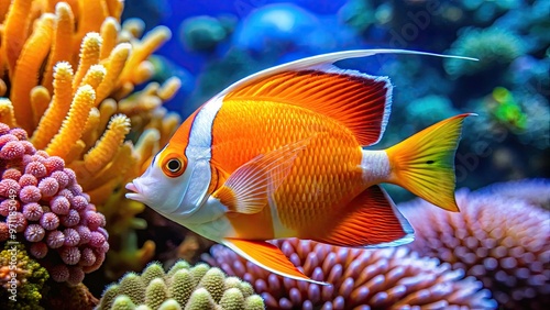 Vibrant orange and white angelfish swims in a coral reef, its long flowing fins and elaborate dorsal fin making it a stunning underwater sight.