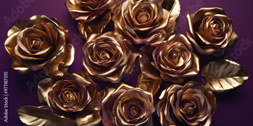 A luxurious bouquet of metallic gold roses on a rich purple background, the contrast of colors elevating the floral arrangement to a new level of elegance.