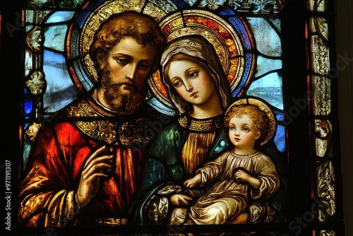 Stained glass window depicting the holy family