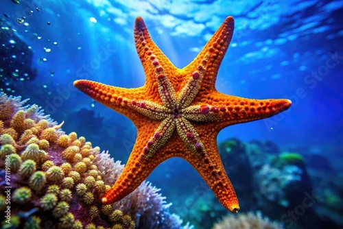 Vibrant orange starfish with explosive, dynamite-inspired patterns and colors, set against a dark blue ocean background, symbolizing energy, power, and underwater excitement.