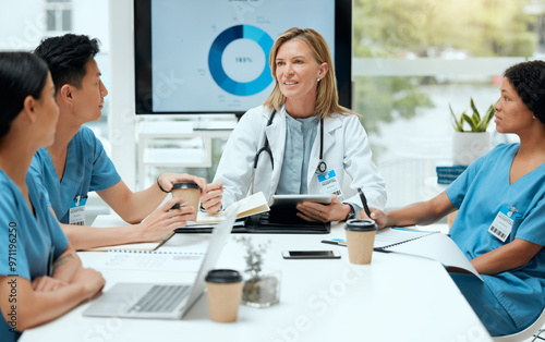 Group, discussion and medical team on technology with doctor for healthcare, review and feedback. People, talking and diversity in meeting as students, staff and internship in clinic or hospital