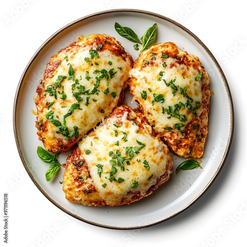 Delicious cheesy chicken parmesan dish with fresh basil garnish on white plate