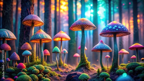 Vibrant psychedelic mushrooms grow in a dark forest, symbolizing the concept of hallucinogenic substances, alternative medicine, and the mystery of the natural world.