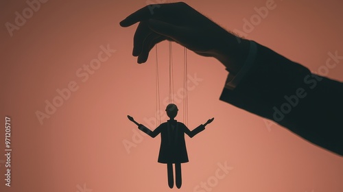 A hand is holding a puppet that is being pulled down by a string