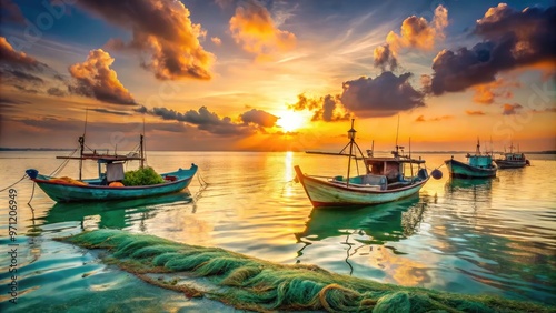 Vibrant sunset casts a warm glow on a fleet of rustic fishing boats bobbing gently on calm turquoise ocean waves, seaweed-covered nets strewn about.