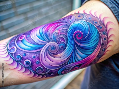 Vibrant, swirling patterns of purple and blue hues entwine a delicate arm, showcasing a mesmerizing, intricately designed minimalist psychedelic tattoo with subtle, shimmering undertones.