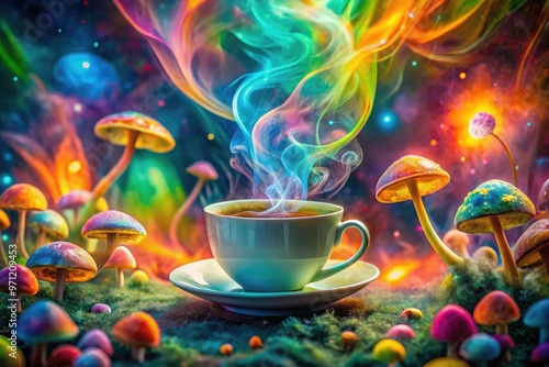 Vibrant, swirling patterns surround a steaming cup of brightly colored, iridescent mushroom tea, evoking a sense of wonder and mysticism in a dreamlike atmosphere.