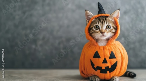 A cat in a Halloween costume is sitting on a table