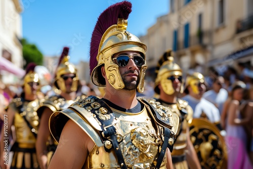 A Roman procession reenactment during the Arles Roman Festival, with participants dressed as centurions marching through the ancient streets