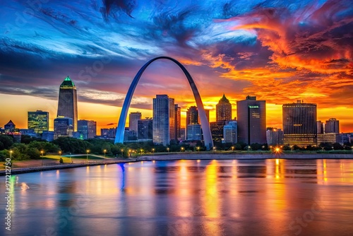 Vibrant twilight captures downtown St. Louis' majestic skyline, featuring sleek skyscrapers, iconic Gateway Arch, and Mississippi River, framed by radiant orange and blue hues.