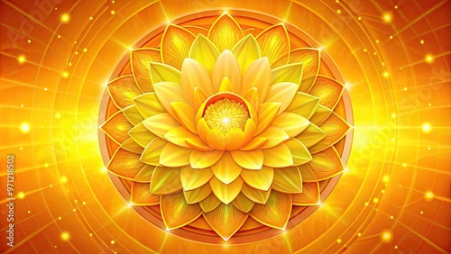 Vibrant yellow lotus flower with ten petals surrounds a bright orange circle, symbolizing personal power, confidence, and emotional balance in the solar plexus chakra.