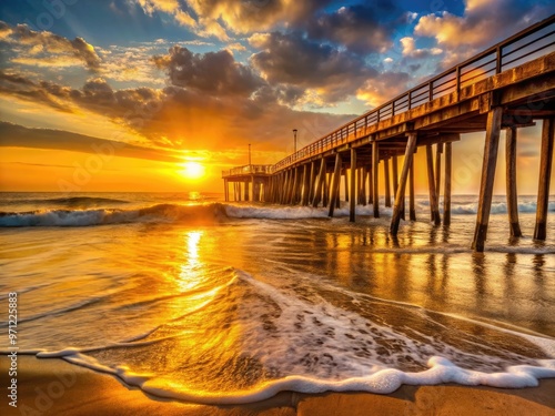 Warm sunrise casts a golden glow on the iconic fishing pier, waves gently lapping at its weathered wooden pilings, against a serene coastal Virginia Beach backdrop.