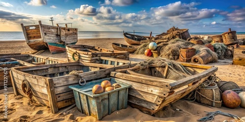 Weathered wooden vessels with peeling paint and rusty anchors lie beached on a sandy shore, surrounded by scattered fishing nets and worn wooden crates.