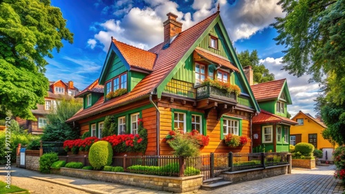 Whimsical, angled wooden house with brightly colored walls and windows, nestled among lush greenery in the charming seaside town of Sopot, Poland.