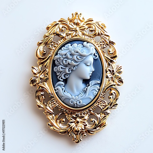 An ornate gold frame holds a white cameo portrait, timeless and regal.