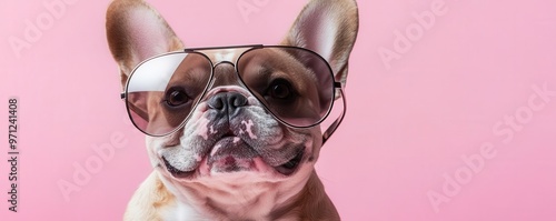 Close-up of a French bulldog wearing oversized aviator sunglasses, pastel pink backdrop, playful expression, humorous pet fashion