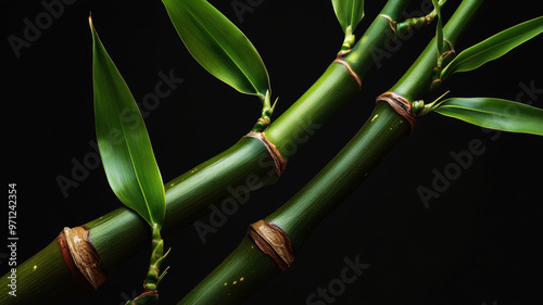 Green bamboo stems with leaves, captured close-up against a black background, highlighting their smooth texture and natural beauty.