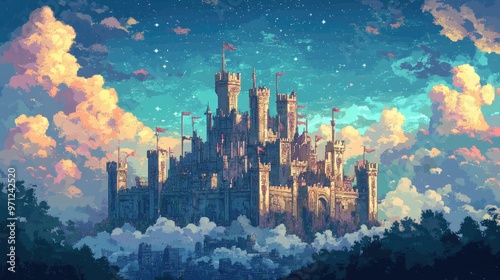 Pixel art castle with soaring towers, shields, and flags flying high, overlooking a mystical sky filled with enchanted stars and clouds.