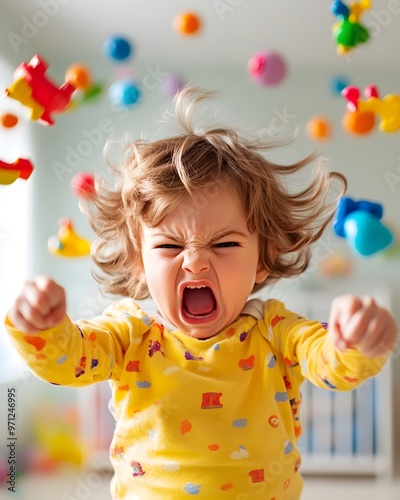 Rebellious Toddler Throwing Tantrum,Bold Expressionist Brushwork,Whimsical Nursery Backdrop