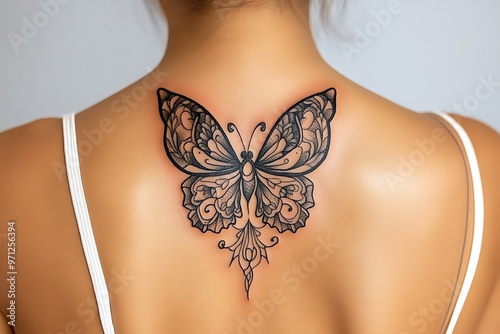 A small, intricate butterfly tattoo on the shoulder blade, representing transformation and freedom