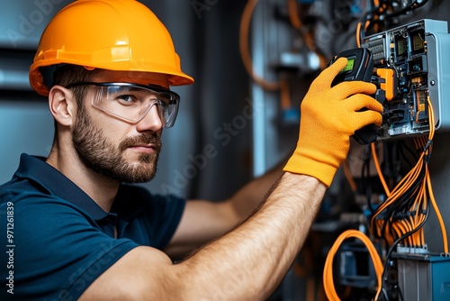 A technician carefully measuring current in a complex wiring system using a clamp meter multimeter