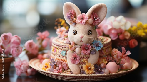 A rabbit cake with flowers on it is sitting on a plate