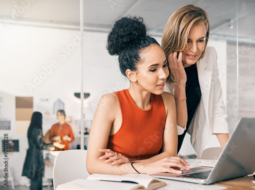 Teamwork, laptop and fashion with women in design agency for trend forecast, textile pattern or creative director. Planning, production stylist or project management with people for branding identity