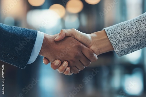 Warm Professional Introductions The simple act of a handshake in an office setting underscores the importance of personal connections and professionalism in business.