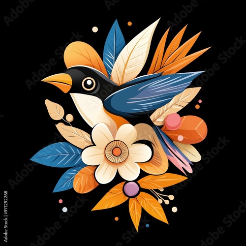 Colorful Bird and Flowers Illustration