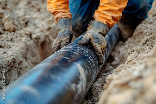 close-up of a construction worker laying polyethylene pipe for water or gas in the ground